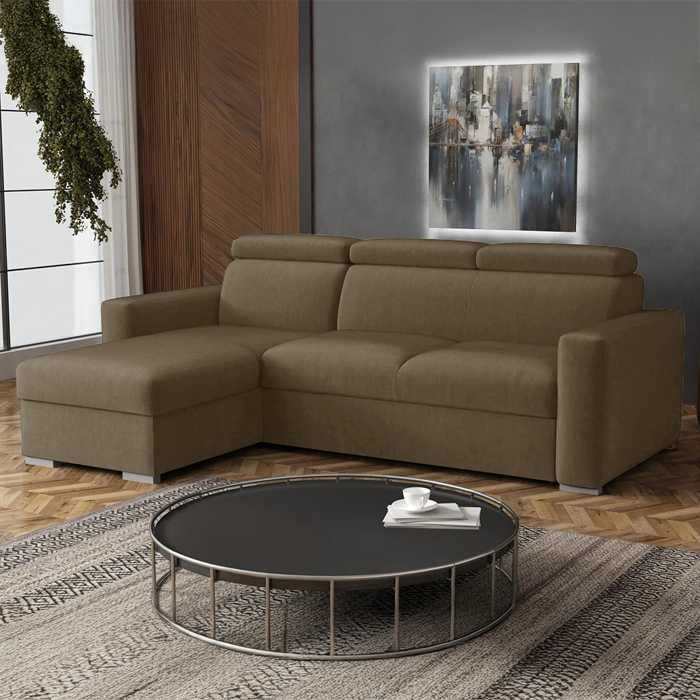 Malá sedací souprava PEDRO L | 170x235 cm | LEVÁ | rozkládací + úložný prostor | polohovatelné záhlavníky | VÝBĚR TKANIN