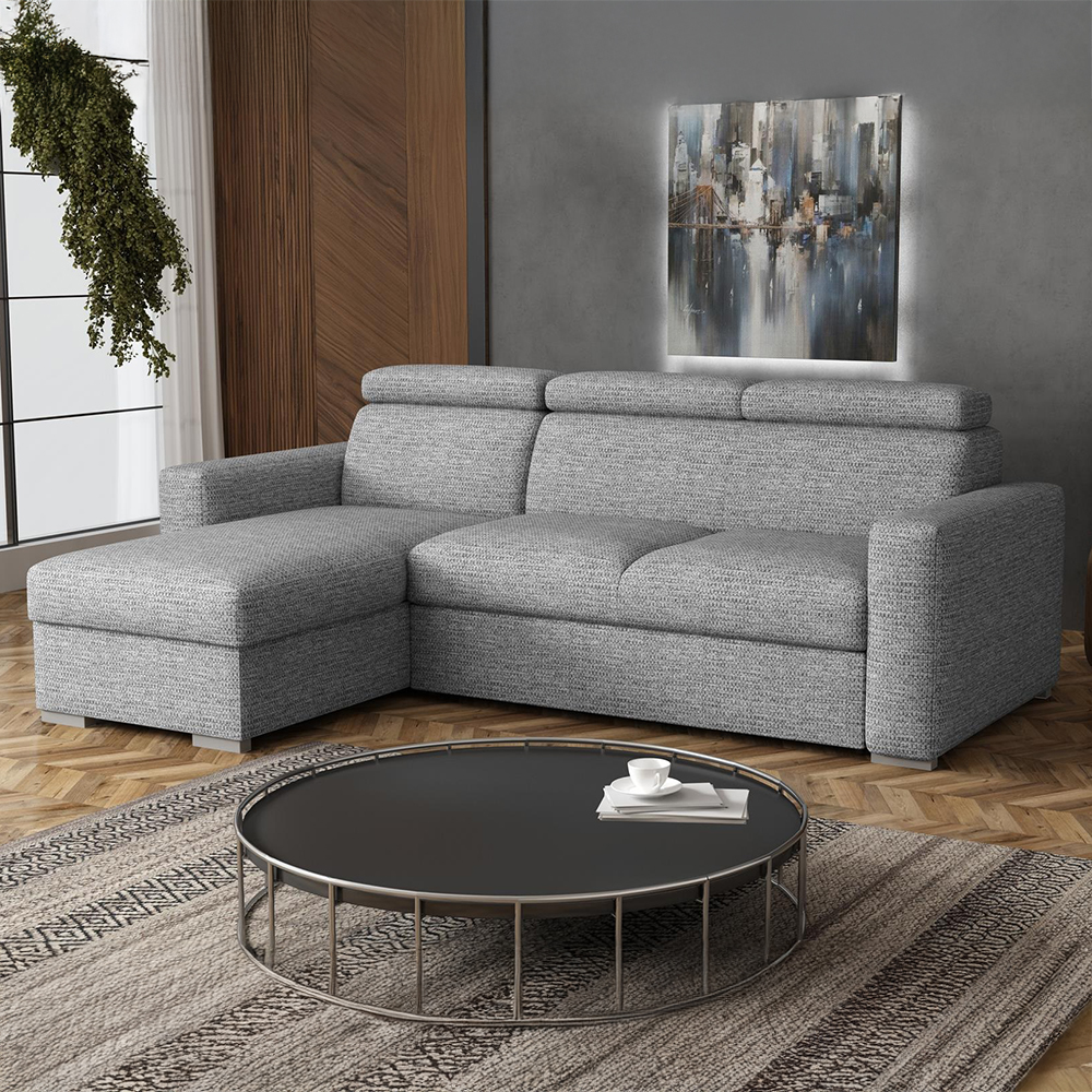 Malá sedací souprava PEDRO L | 170x235 cm | LEVÁ | rozkládací + úložný prostor | polohovatelné záhlavníky | VÝBĚR TKANIN