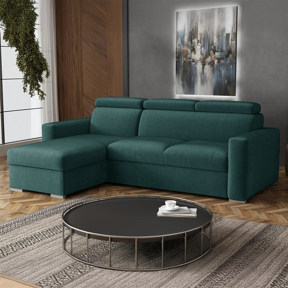 Malá sedací souprava PEDRO L | 170x235 cm | LEVÁ | rozkládací + úložný prostor | polohovatelné záhlavníky | VÝBĚR TKANIN