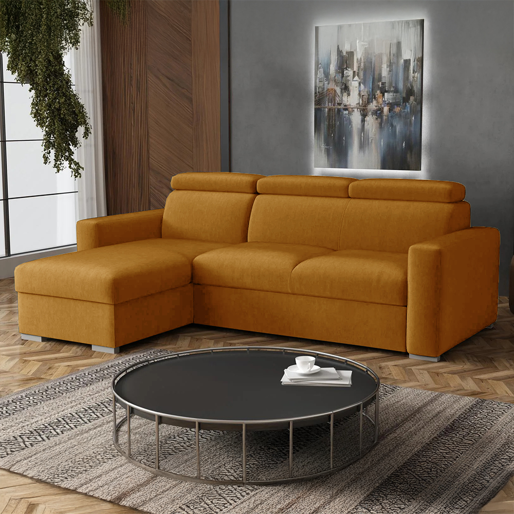 Malá sedací souprava PEDRO L | 170x235 cm | LEVÁ | rozkládací + úložný prostor | polohovatelné záhlavníky | VÝBĚR TKANIN