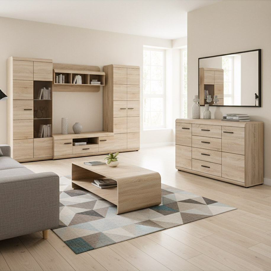 Obývací stěna se skříní LINK s | 6 dílů | sestava D | 298 + 140 + 120x60 cm | sonoma