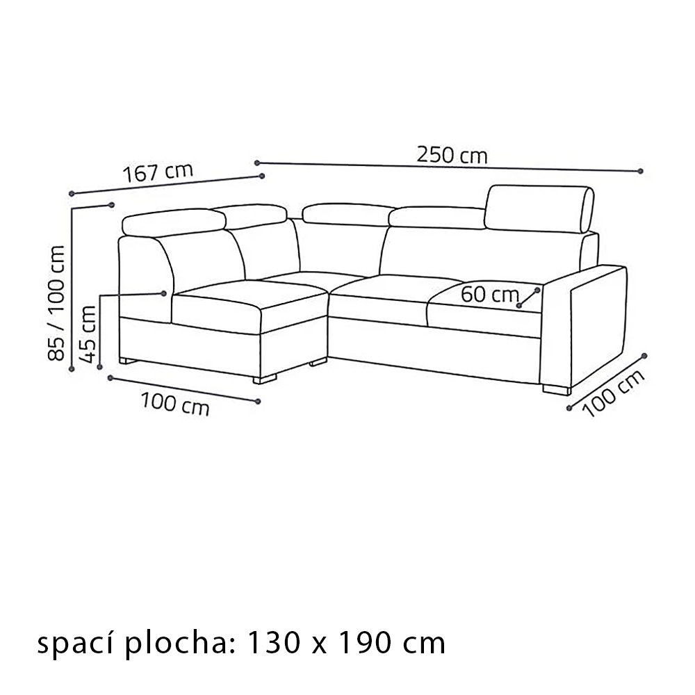 Sedací souprava PEDRO L | 167x250 cm | LEVÁ | rozkládací + úložný prostor | polohovatelné záhlavníky | VÝBĚR TKANIN