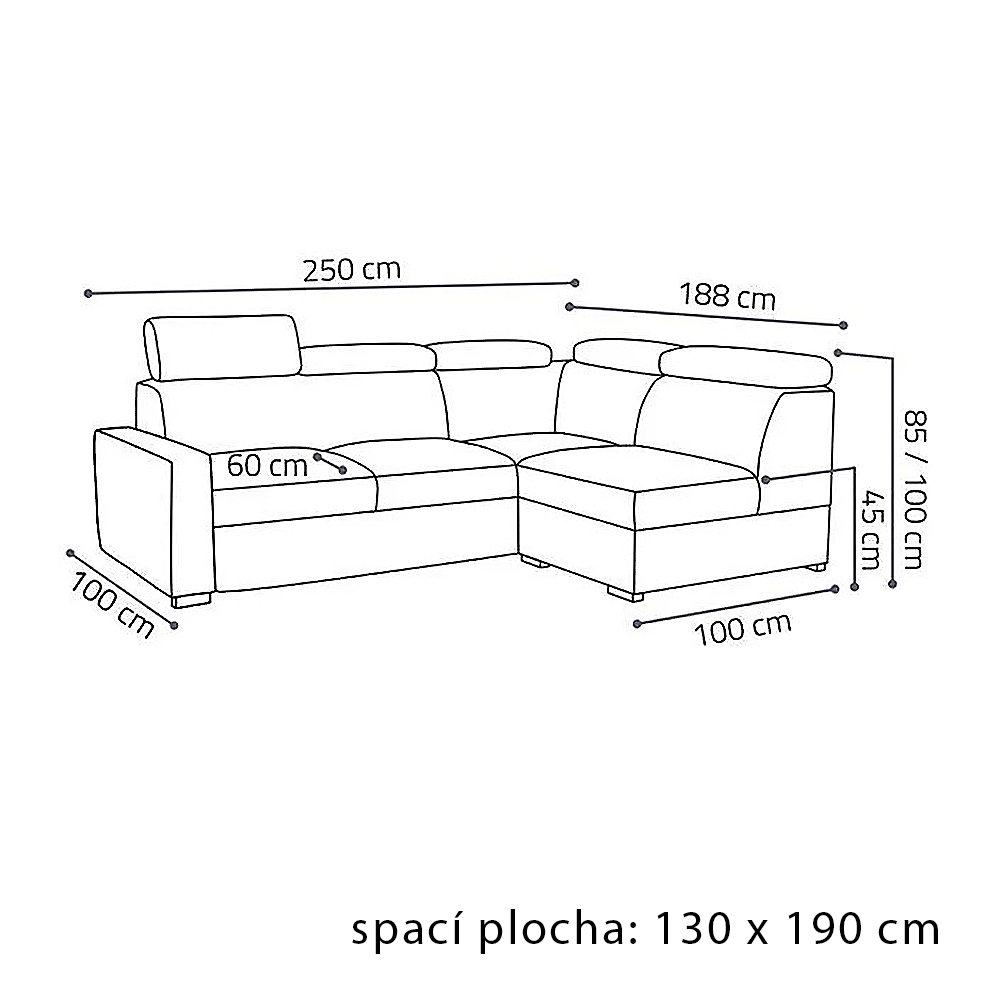 Sedací souprava PEDRO L | 250x188 cm | PRAVÁ | rozkládací + úložný prostor | polohovatelné záhlavníky | VÝBĚR TKANIN