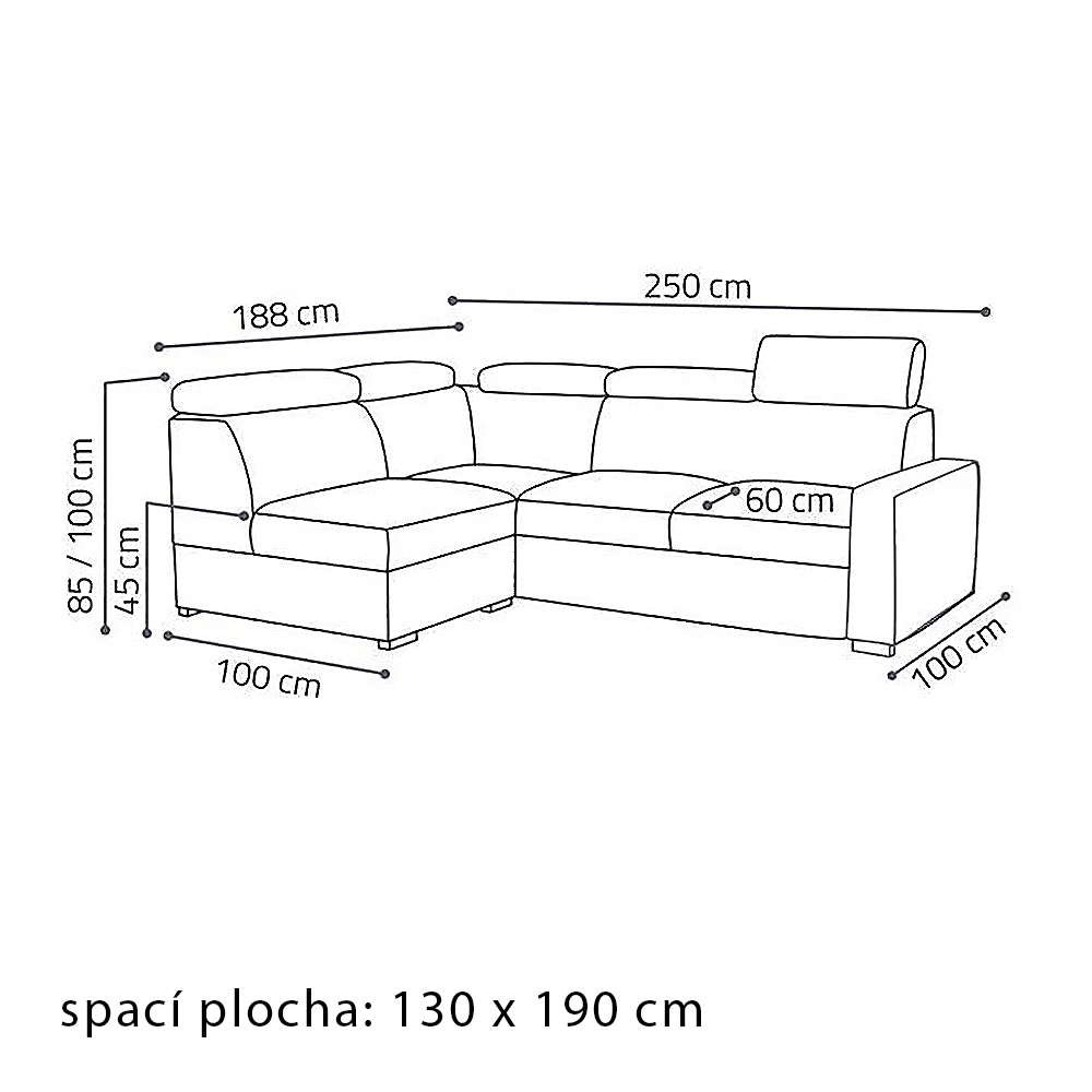Sedací souprava PEDRO L | 188x250 cm | LEVÁ | rozkládací + úložný prostor | polohovatelné záhlavníky | VÝBĚR TKANIN