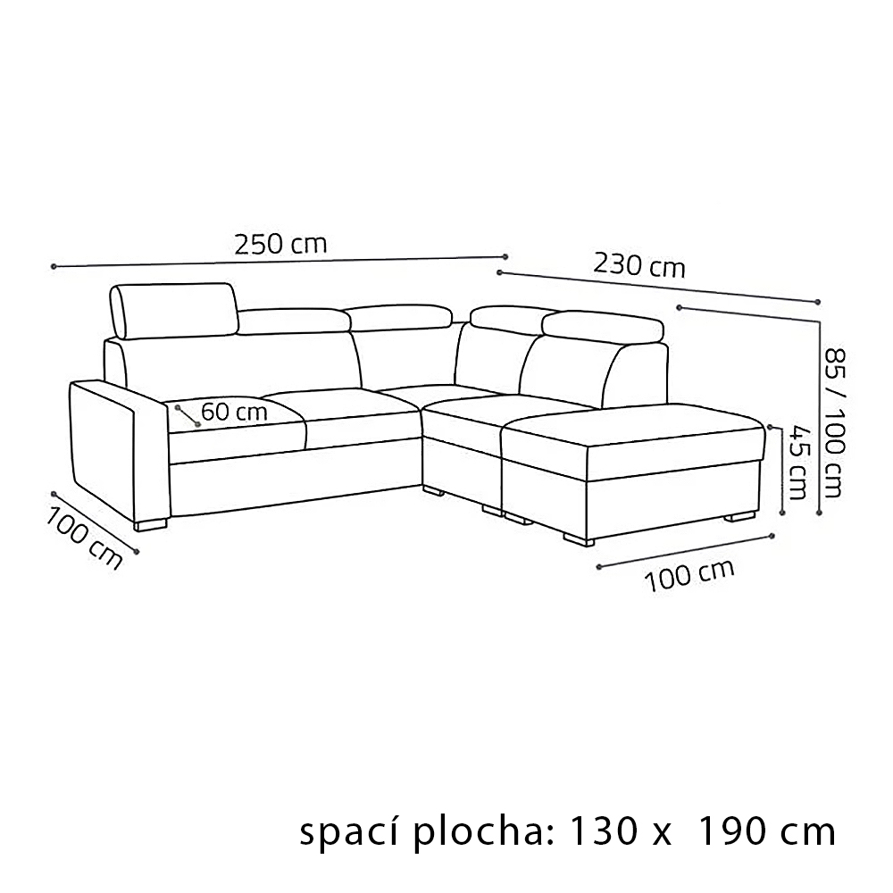 Sedací souprava PEDRO L | 250x230 cm | PRAVÁ | rozkládací + úložný prostor | polohovatelné záhlavníky | VÝBĚR TKANIN