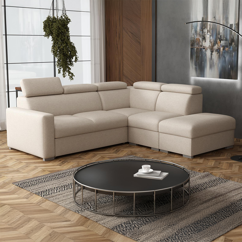 Sedací souprava PEDRO L | 250x230 cm | PRAVÁ | rozkládací + úložný prostor | polohovatelné záhlavníky | VÝBĚR TKANIN