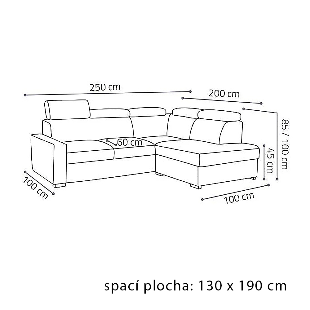 Sedací souprava PEDRO L | 250x200 cm | PRAVÁ | rozkládací + úložný prostor | polohovatelné záhlavníky | VÝBĚR TKANIN