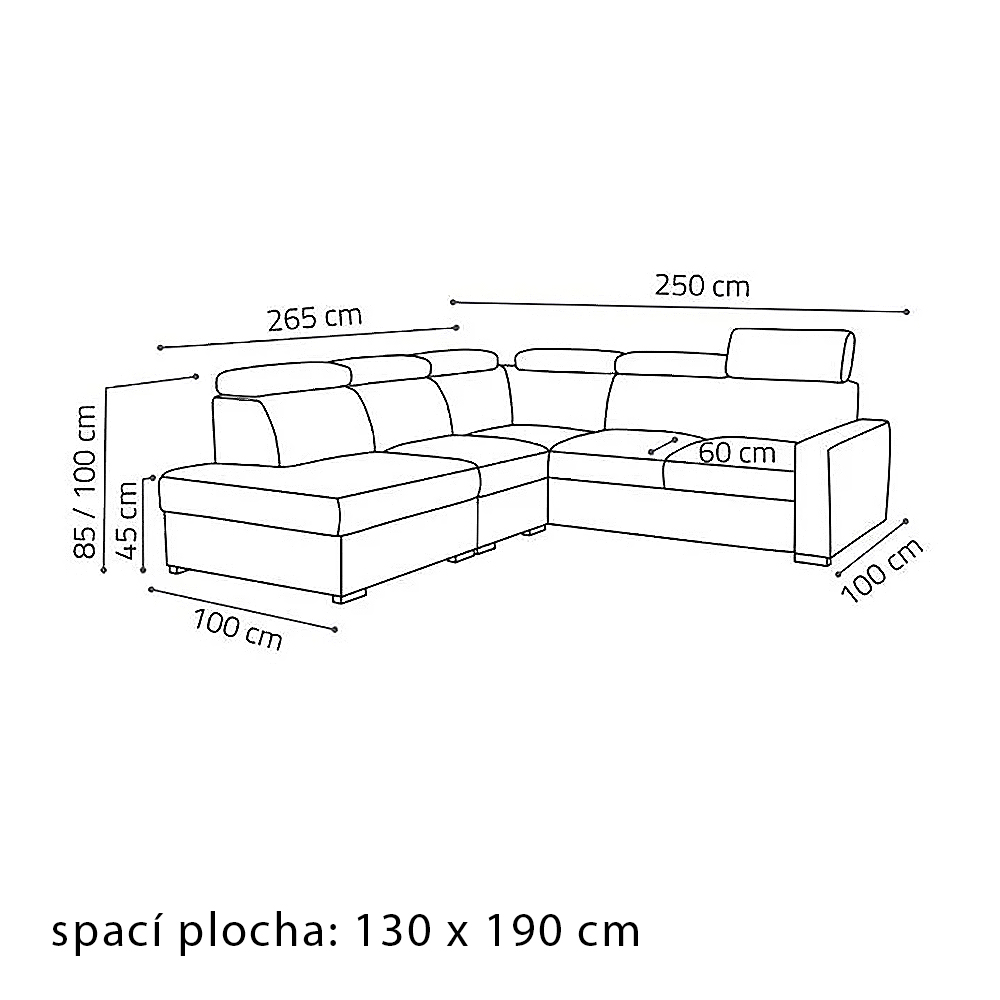 Sedací souprava PEDRO L | 265x250 cm | LEVÁ | rozkládací + úložný prostor | polohovatelné záhlavníky | VÝBĚR TKANIN