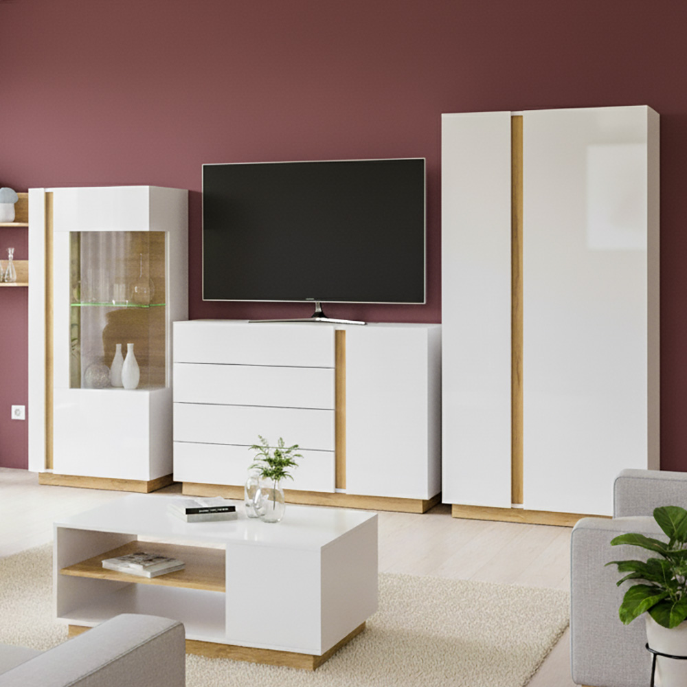 Obývací stěna ARCO se skříní | 4 díly | 307 cm + 100x60 cm | PUSH OPEN | bílá mat/lesk/dub grandson