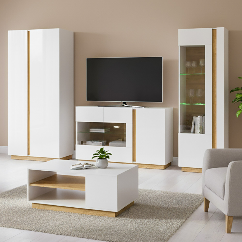 Obývací stěna ARCO se skříní | 4 díly | 295 cm + 100x60 cm | PUSH OPEN | bílá mat/lesk/dub grandson