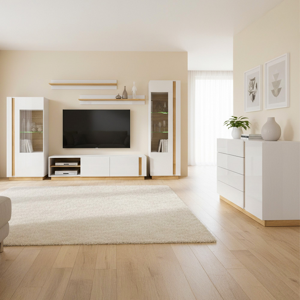 Obývací stěna ARCO s komodou | 6 dílů | 319,5 cm + 138,2 cm | PUSH OPEN | bílá mat/lesk/dub grandson