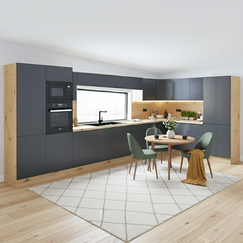 Kuchyně LANGEN šp | 450x230 cm | SOKL v CENĚ | push open | artisan/šedá