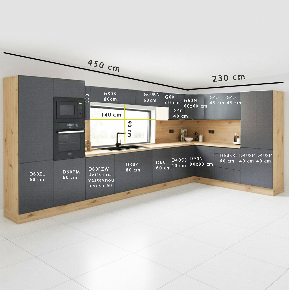 Kuchyně LANGEN šp | s ostrůvkem | 450x230 cm + 155x120 cm | SOKL v CENĚ | push open | artisan/šedá