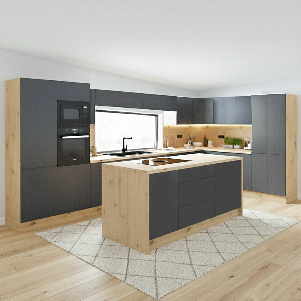 Kuchyně LANGEN šp | s ostrůvkem | 450x230 cm + 155x120 cm | SOKL v CENĚ | push open | artisan/šedá