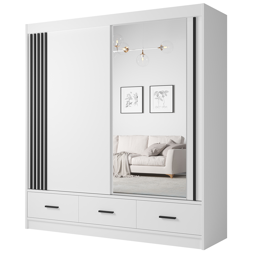 Šatní skříň CANADA CA-24 | 200 cm | se zrcadlem | bílá s černými úchyty