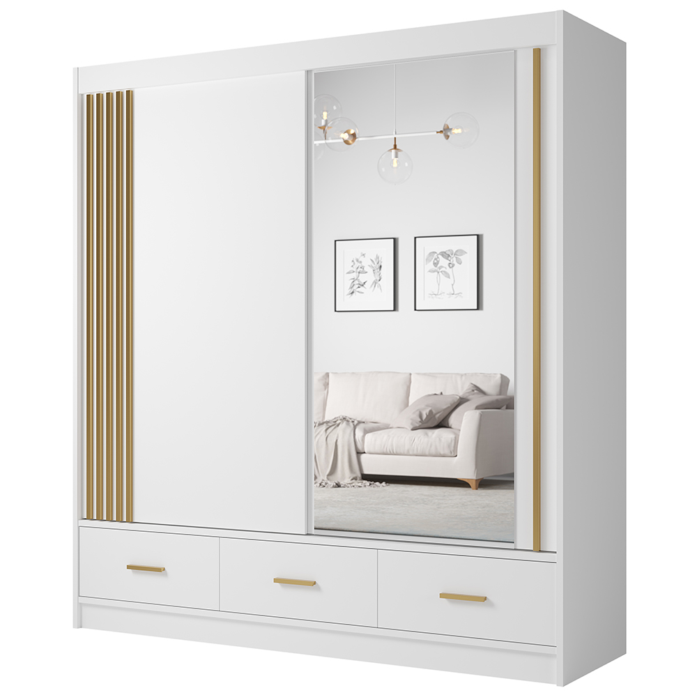 Šatní skříň CANADA CA-25 | 200 cm | se zrcadlem | bílá se zlatými úchyty