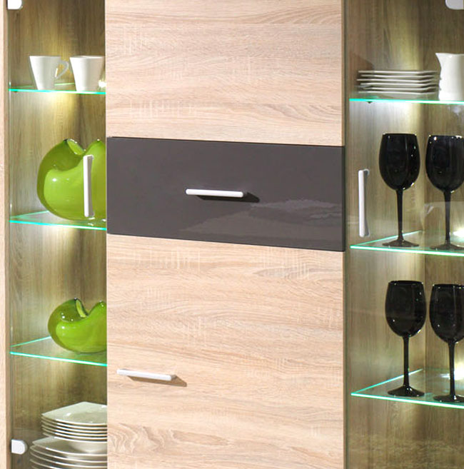 Obývací stěna se skříní FILL | 6 dílů | 127 cm + 370 cm + 114x64 cm | dub sonoma/šedá lesk