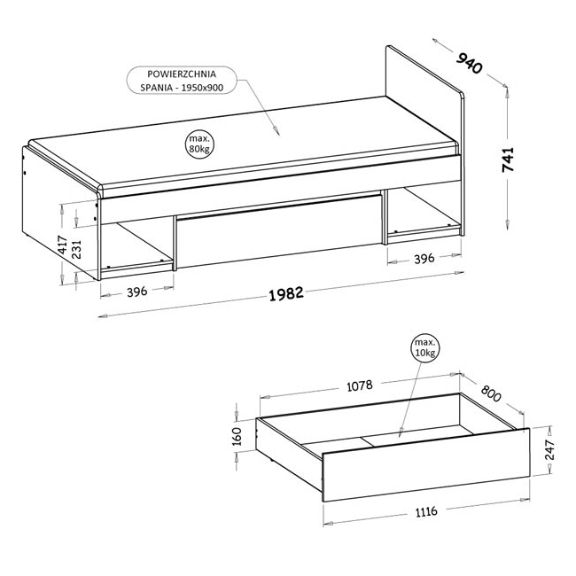 Arca w | postel jednolůžko AR9 se zásuvkou | 90x195 cm | dub wotan/bílá