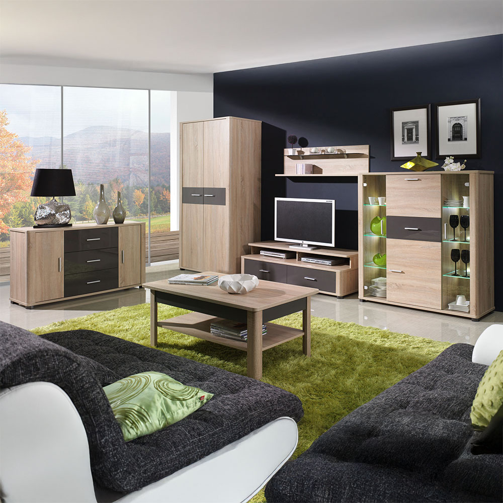 Obývací stěna se skříní FILL | 6 dílů | 127 cm + 370 cm + 114x64 cm | dub sonoma/šedá lesk