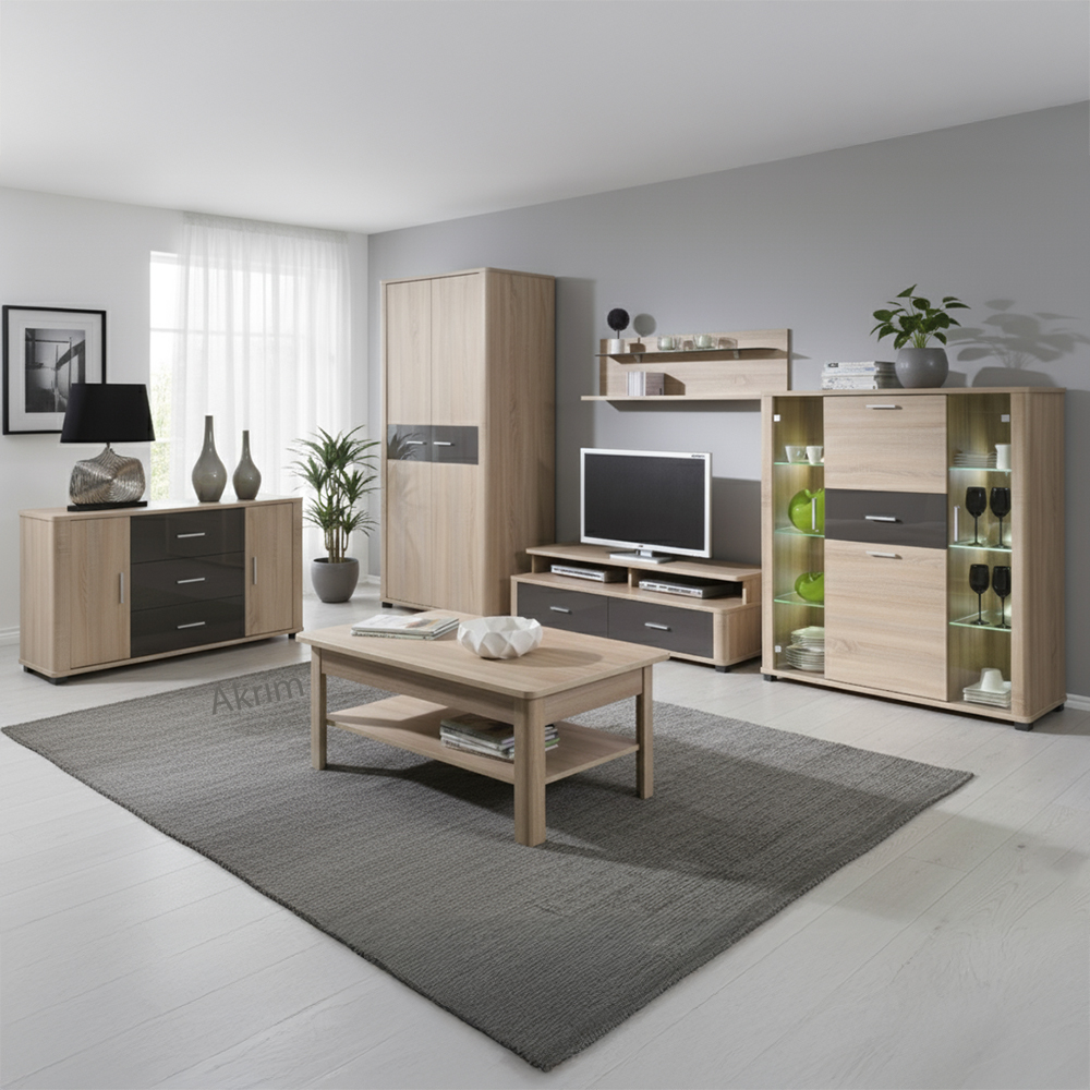 Obývací stěna se skříní FILL | 6 dílů | 127 cm + 370 cm + 114x64 cm | dub sonoma/šedá lesk