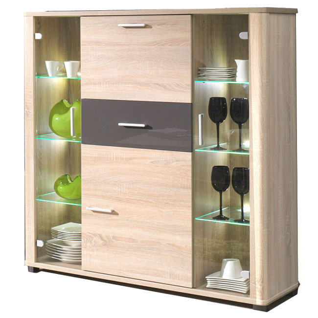 Obývací stěna se skříní FILL | 6 dílů | 127 cm + 370 cm + 114x64 cm | dub sonoma/šedá lesk