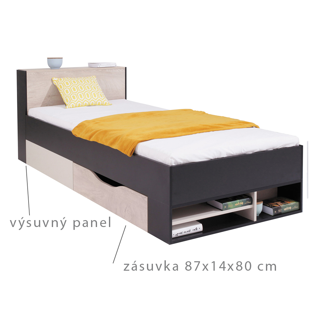 PLANET č | jednolůžko postel PL14 | 90x200 | UNI provedení | černá/dub/béžová