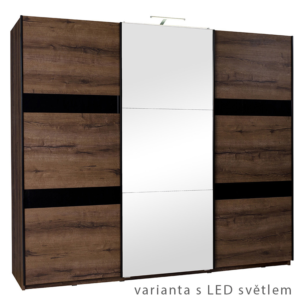 DENVER mc | šatní skříň SZ250 + zrcadlo | 250 cm | dub monastery / černá lesk