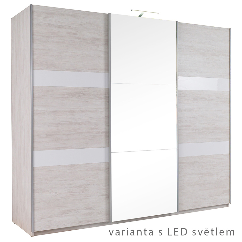 DENVER db | šatní skříň SZ250 + zrcadlo | 250 cm | dub bílý / bílá lesk