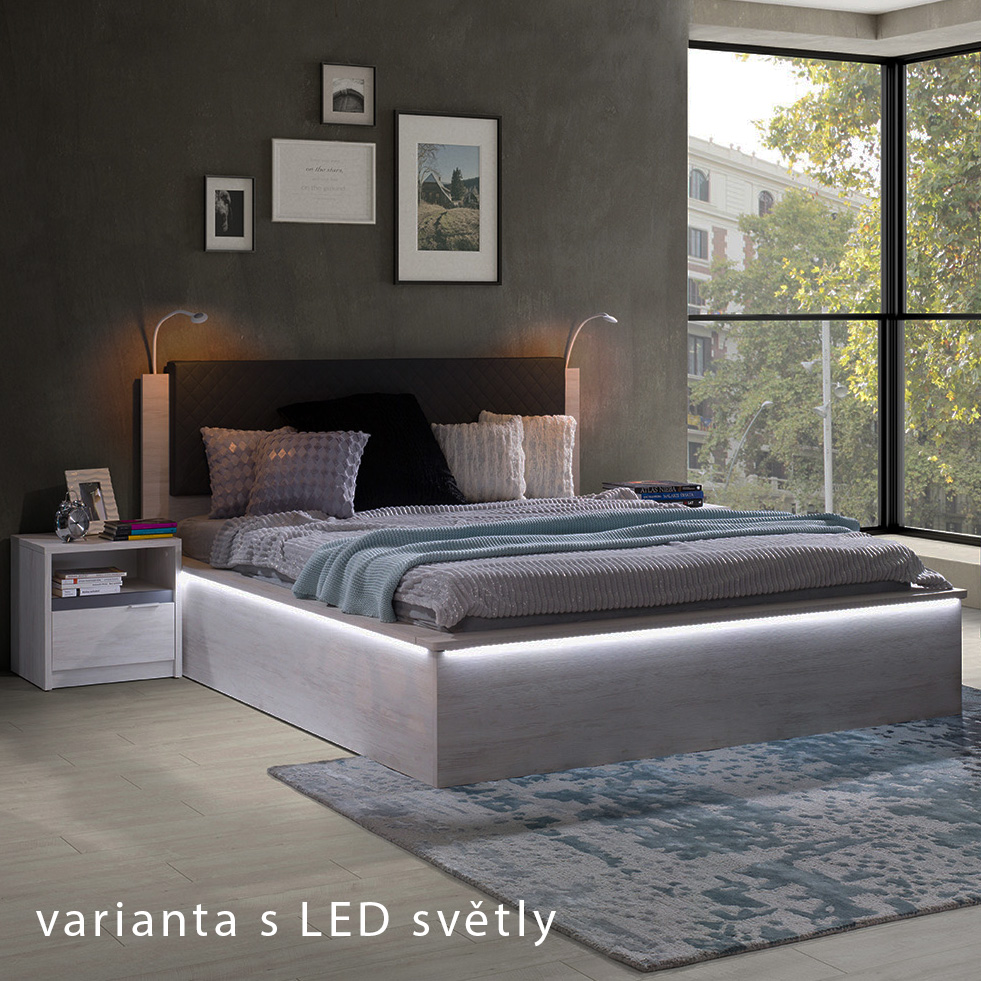 DENVER dg | postel dvoulůžko + rošt 160x200 cm | dub bílý / grafit