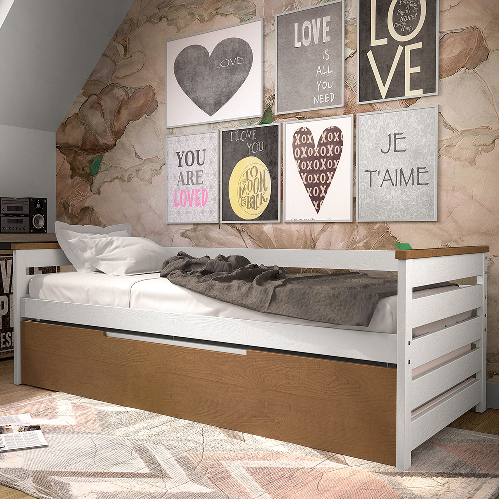 Jednolůžko ALAN + vysouvací přistýlka | 90x200 cm | Z MASIVU | bílá/ořech